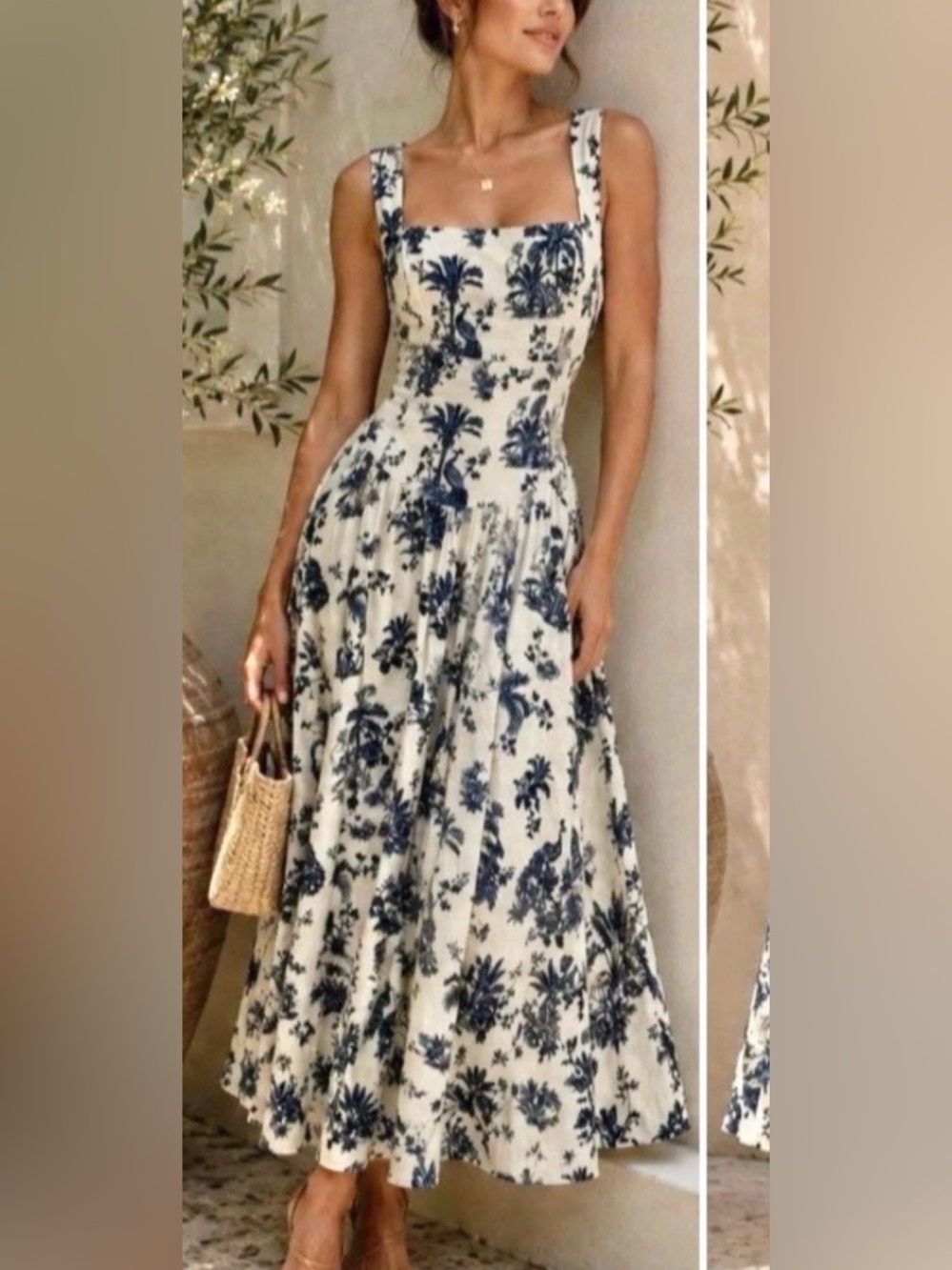 Caroline Constas Navy and White Print Midi Dress